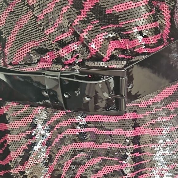 Michael Kors Sequins Pink and Black V-Neck Puff Sleeve Dress - Picture 4 of 16